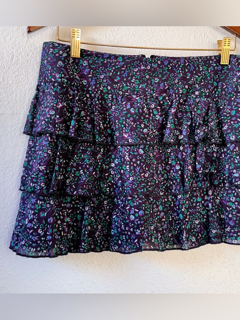 Express Purple Floral Print Skirt tiered ruffled layered mini size 6 Y2K vtg